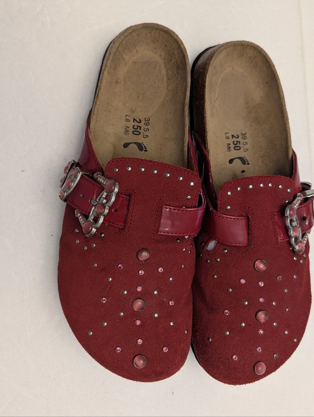 Red Studded Suede Birkenstock Betula Slip-On Clog with Buckle - Picture 5 of 6
